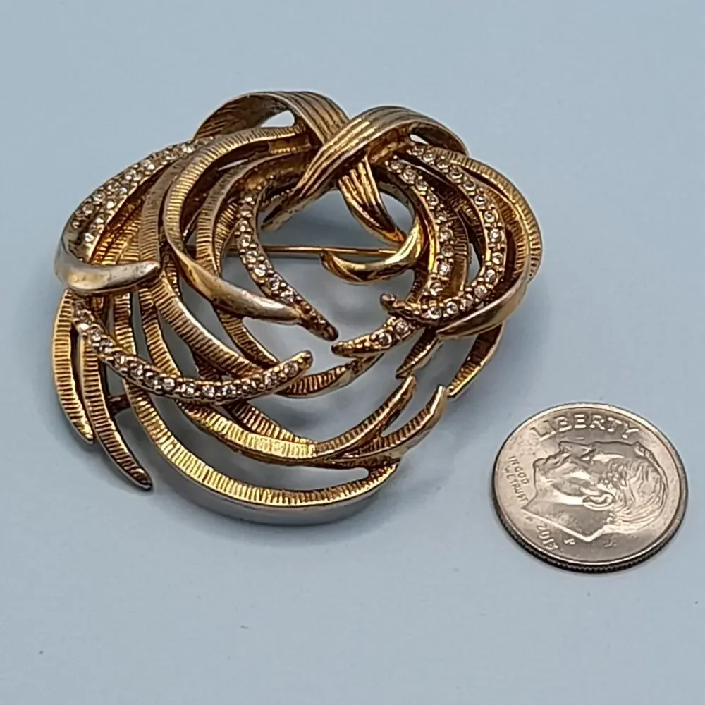 Vintage Monet Swirl Modern Design Brooch, Rhinestone Accents, 1 3/4 Inches
